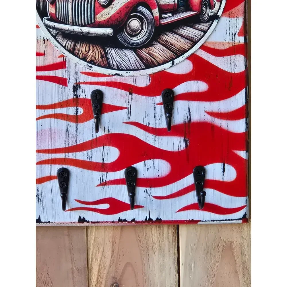 Classic Truck Sign / Key Holder, Vintage Look, Solid Wood w/ Metal Sign, 5 Hooks